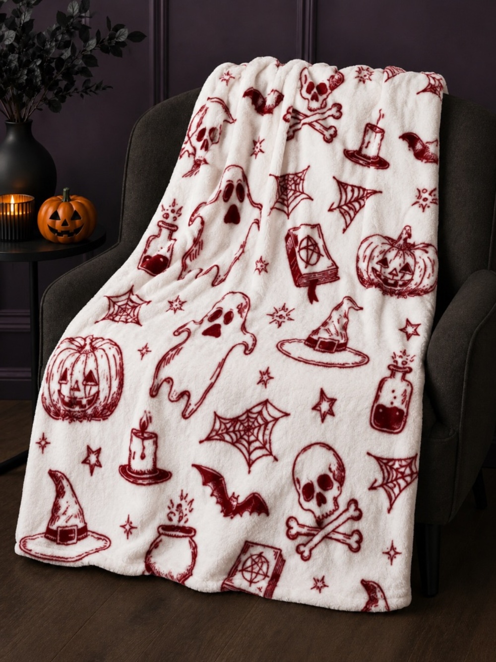 Betsey Johnson Halloween Throw Blanket 50x70 Ghost Skull Pumpkin Witch Plush